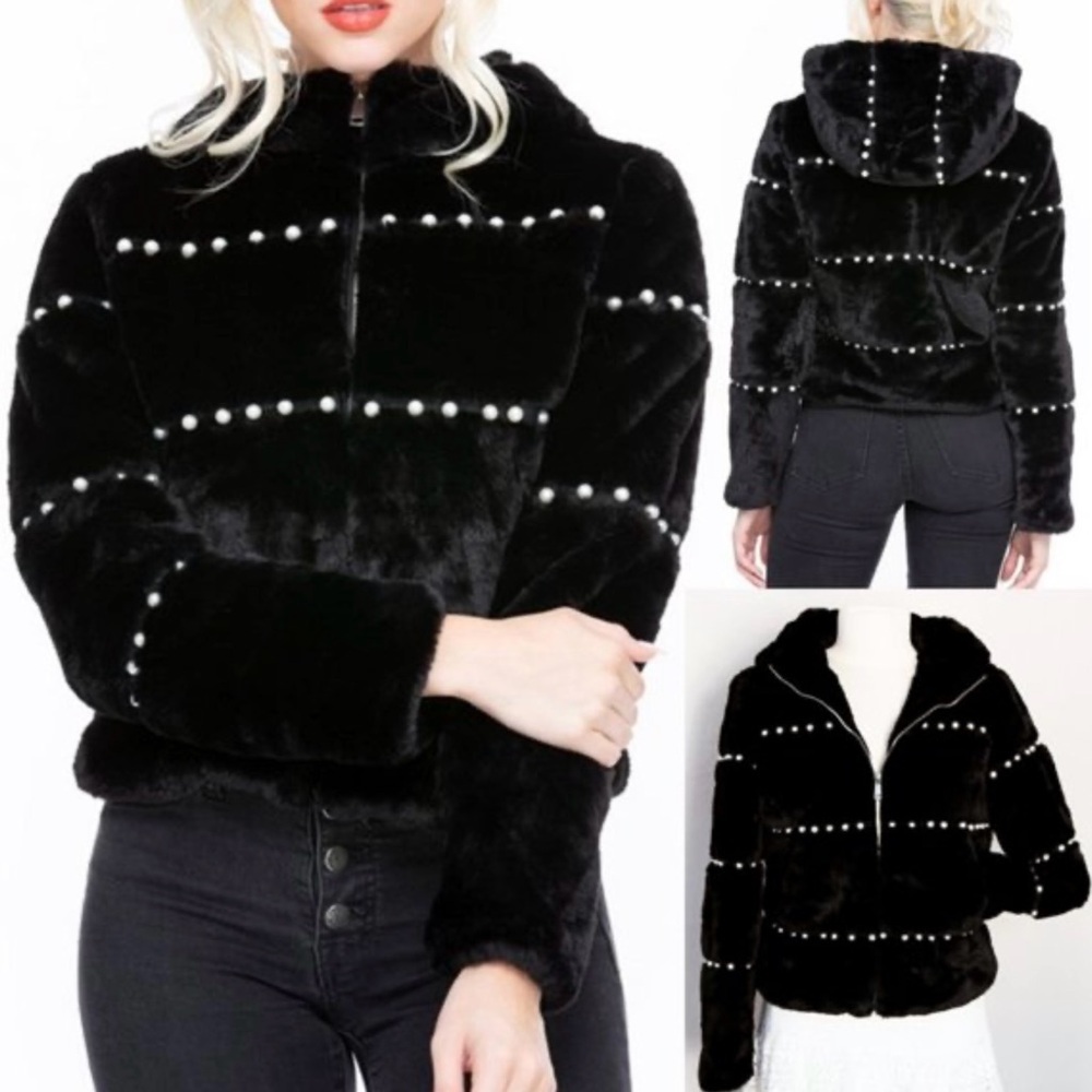 Black Faux Fur Pearl Embellished women’s Hooded Jacket size medium